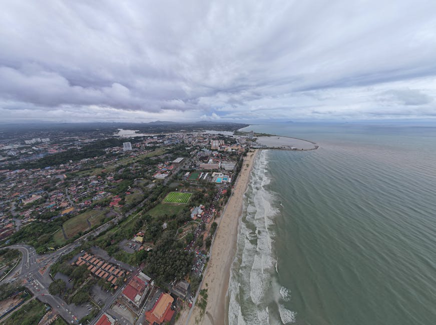 Drone aerial image showcasing the beautiful coastline of Kuala Terengganu, Malaysia.