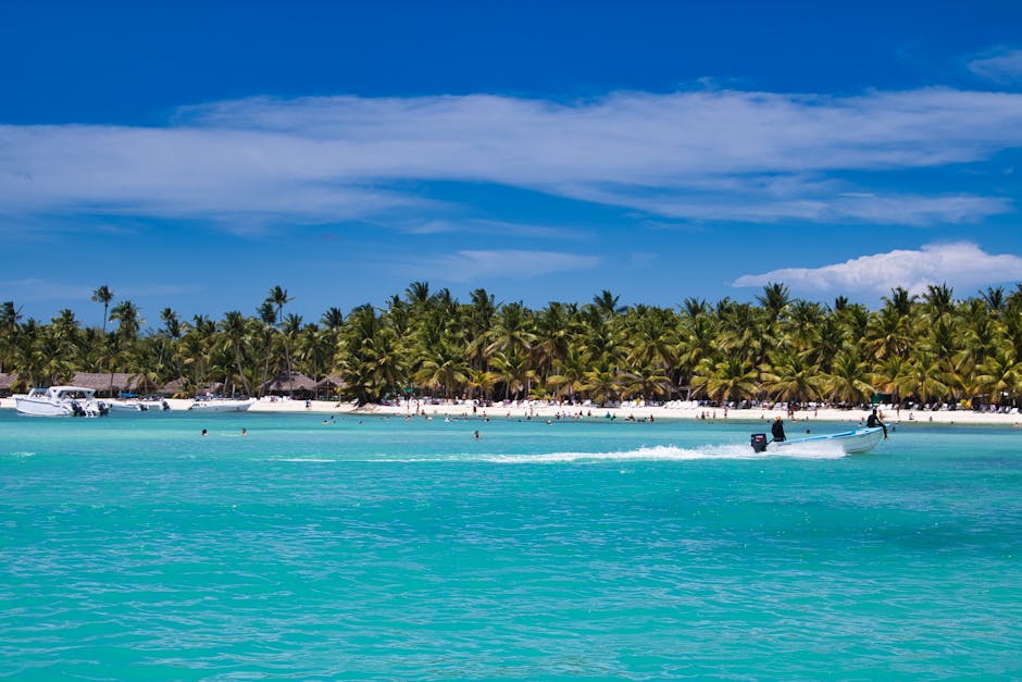 Vibrant tropical beach scene with boats, coconut trees, and turquoise water under a clear blue sky.